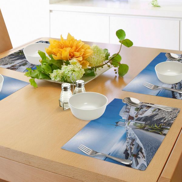 Abakuhaus Tovagliette Estive, Antico Villaggio Di Oia Nell'isola Di Santorini In Grecia Con Immagine Di Paesaggio Marino Dell'egeo, Tessuto Lavabile Decorazione Da Tavola Per Sala Da Pranzo E Cucina, Stampa Digitale, Bianco Blu-image
