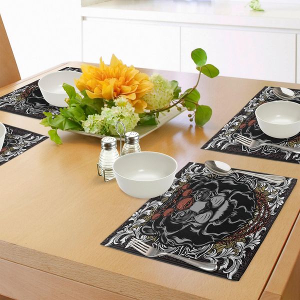 Abakuhaus Tovagliette KöNig, Forest Jungle Emperor Safari Animale Leone Con Cornice Dal Design Medievale, Stampa Digitale Su Tessuto Lavabile Decorazione Da Tavola Cucina, Bianco Nero Rosso Corallo Grigio-image