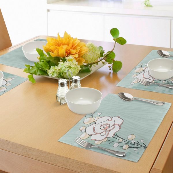Tovagliette Abakuhaus Con Motivi Floreali, Romantico Simbolo Dell'amore Eterno Con Rose E Perle, Stampa Con Icone Della Purezza, Tiscjdeco In Tessuto Resistente Al Lavaggio Per La Sala Da Pranzo E La Cucina, Azzurro, Bianco E Rosa.-image