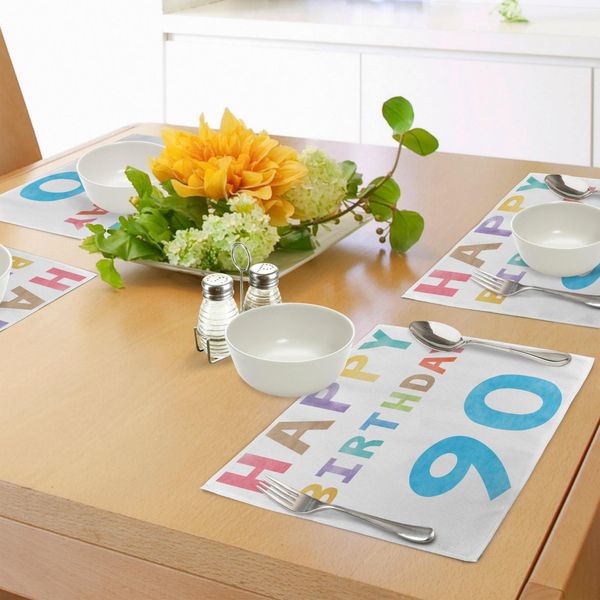 Abakuhaus 90° Compleanno Tovagliette, Auguri Di Felicità Scritti Con Colori Acquerellati E Pastello Con Effetto Cromatico, Decorazioni Da Tavola In Tessuto Resistente Ai Colori Per La Sala Da Pranzo E La Cucina, Multicolore-image