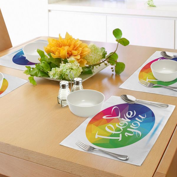 Abakuhaus Tovagliette Stolz, Arcobaleno Poligonale Arrotondato Cornice Colorata Con Disegno Calligrafico "Ti Amo"", Decorazione Da Tavola In Tessuto Resistente Al Lavaggio Per La Sala Da Pranzo E La Cucina, Multicolore"-image