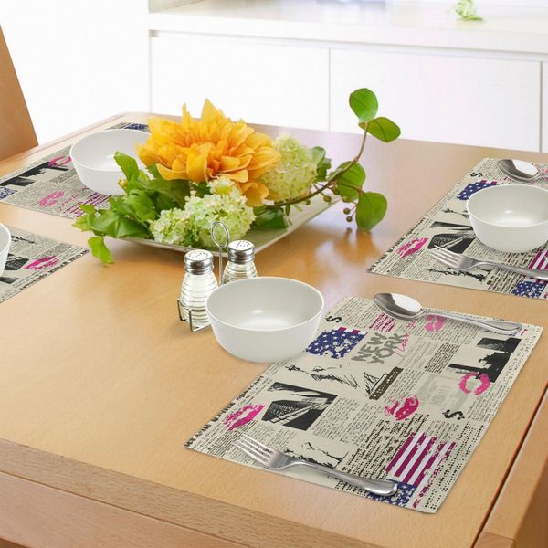 Abakuhaus Stati Uniti Tovagliette, Giornale Di New York Con Schizzi Della Statua Della Libertà E Testi Rossetto Vintage, Tiscjdeco In Tessuto Resistente Al Colore Per La Sala Da Pranzo E La Cucina, Multicolore-image