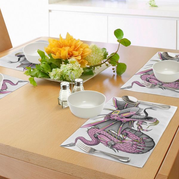 Tovagliette Abakuhaus Con Draghi, Robot Digitali, Personaggi Cyborg Draghi, Illustrazioni Moderne Knight Graphic, Tiscjdeco In Tessuto Resistente Ai Colori Per La Sala Da Pranzo E La Cucina, Colori Fucsia, Giallo E Grigio.-image