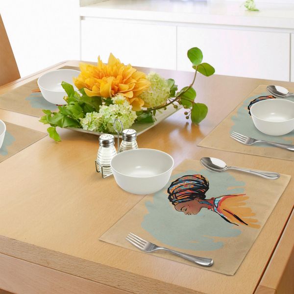 Abakuhaus Tovagliette Africane, Ritratto Acquerellato Di Donna Nativa Con Acconciatura Etnica E Orecchini, Tiscjdeco In Tessuto Resistente Ai Colori Per La Sala Da Pranzo E La Cucina, Multicolore-image