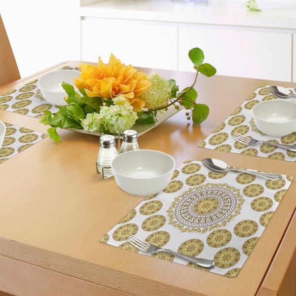 Tovagliette Abakuhaus Mandala, Antichi Motivi Mandala Circolari Con Farfalle E Composizione Naturale Di Foglie, Tiscjdeco In Tessuto Resistente Al Lavaggio Per La Sala Da Pranzo E La Cucina, Giallo Marrone Crema-image