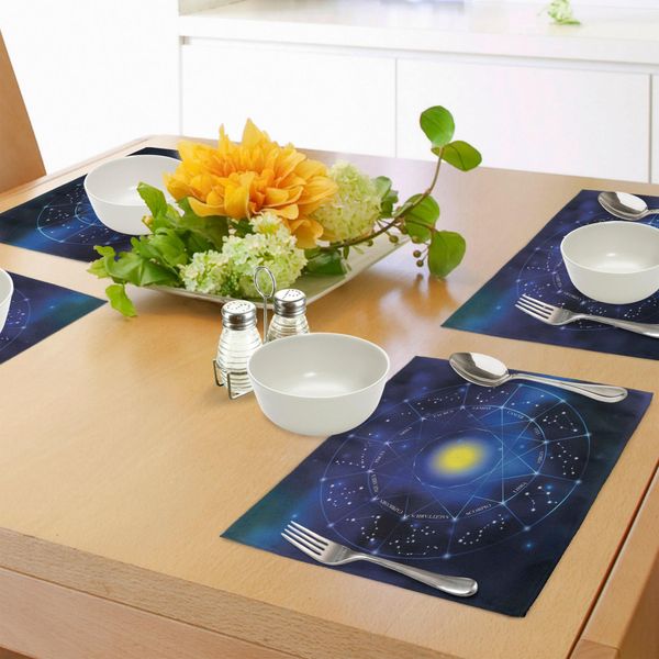 Abakuhaus Set Di Tovagliette, Collezione Segni Zodiacali In Un Cerchio Geometrico Oroscopi Sun, Tiscjdeco In Tessuto Resistente Al Lavaggio Per La Sala Da Pranzo E La Cucina, Azzurro Indaco Giallo-image