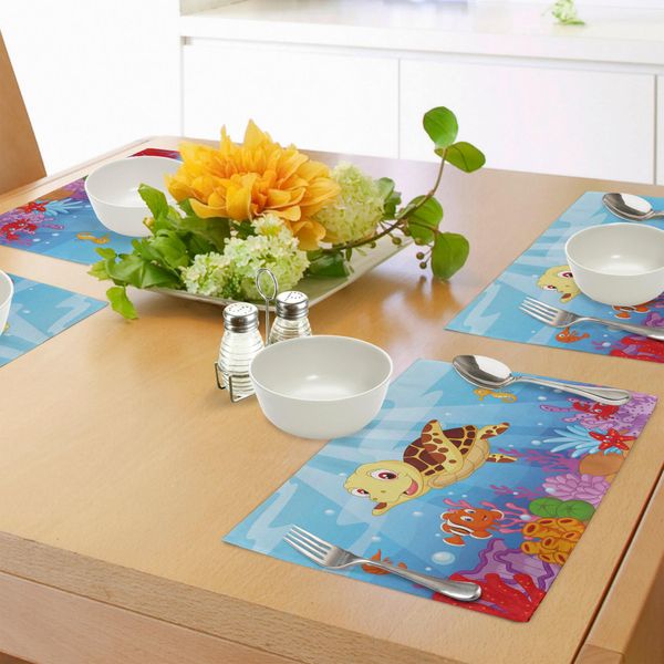 Tovagliette Abakuhaus Tartaruga, Divertente E Adorabile Collezione Di Animali Marini In Stile Cartone Animato Con Tartarughe E Pesci, Decorazioni Da Tavola In Tessuto Resistente Ai Colori Per La Sala Da Pranzo E La Cucina, Multicolore-image