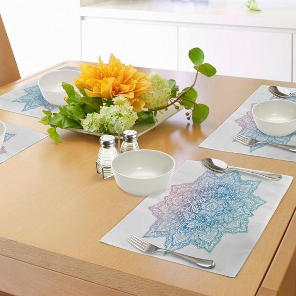 Tovagliette Abakuhaus Lotus, Stile Bohemien Tattoo Zen, Tonalità Pastello, Mandala Astratto Con Disegno Di Fiori Di Loto, Tiscjdeco In Tessuto Resistente Al Lavaggio Per Sala Da Pranzo E Cucina, Azzurro Lilla-image