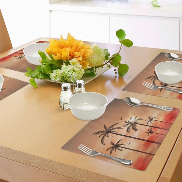 Abakuhaus Tovagliette Tropicali, Palme Con Drammatiche Nuvole Hazy Sky E Gabbiani Esposizione Esotica, Tiscjdeco In Tessuto Resistente Al Colore Per La Sala Da Pranzo E La Cucina, Salmone Marrone Corallo Rosso-image