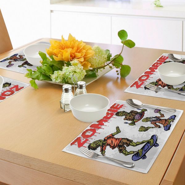 Tovagliette Abakuhaus Zombie, Uomo Morto Che Mangia Cervello Cannibale Che Medita Skateboard Motivo Grafico, Tiscjdeco In Tessuto Resistente Al Lavaggio Per Sala Da Pranzo E Cucina, Verde Oliva Sabbia Rosso-image