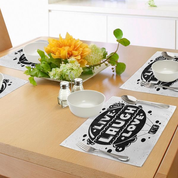 Abakuhaus Tovagliette "Vivi, Ridi, Ama"", Palloncini, Nuvole, Sole, Illustrazione Hipster, Motto Filosofico, Decorazioni Da Tavola In Tessuto Resistente Ai Colori Per La Sala Da Pranzo E La Cucina, Bianco E Nero"-image