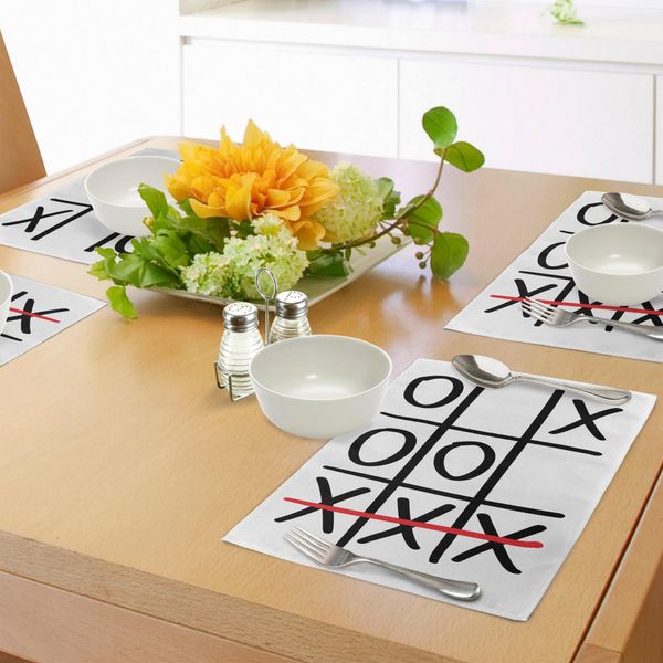 Tovagliette Abakuhaus Waten, Popolare Motivo Del Gioco Tic Tac Toe, Disegno Realizzato A Mano, Tema Win Victory Finish, Tiscjdeco In Tessuto Resistente Al Lavaggio Per La Sala Da Pranzo E La Cucina, Rosso Cinabro, Bianco, Nero-image