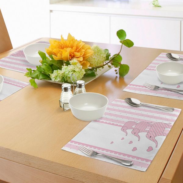 Abakuhaus Tovagliette Elephant Gardening, Sfondo A Strisce Verticali Con Simpatici Animali Rosa Con Cuori Retrò, Tiscjdeco In Tessuto Resistente Al Lavaggio Per La Sala Da Pranzo E La Cucina, Rosa Chiaro E Bianco-image
