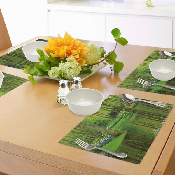 Tovagliette Abakuhaus Natur, Bosco Con Lago Dutch Garden Pastorale Woodland Botanica Aiuola Immagine, Tiscjdeco In Tessuto Resistente Al Lavaggio Per Sala Da Pranzo E Cucina, Verde Lime E-image