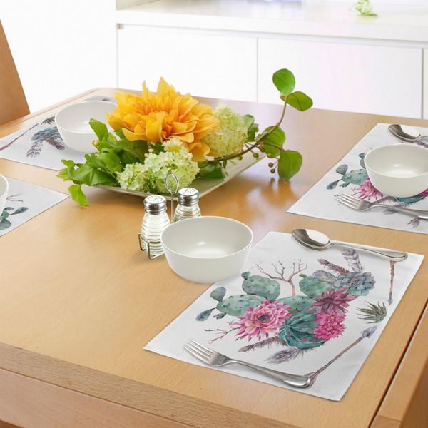 Tovagliette Abakuhaus Cactus, Bouquet Di Fiori Esotici Naturali In Stile Vintage Acquerellato, Vegetazione Boema Dell'arizona, Tiscjdeco In Tessuto Resistente Al Lavaggio Per La Sala Da Pranzo E La Cucina, Marrone Verde Rosa-image