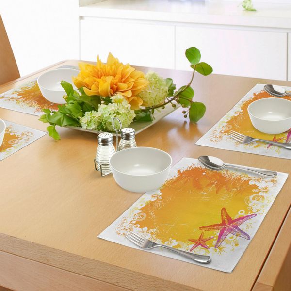 Tovagliette Abakuhaus Con Stelle Marine, Spiaggia Tropicale Estiva Con Fiori Esotici, Fauna Delle Hawaii, Tiscjdeco In Tessuto Resistente Al Lavaggio Per Sala Da Pranzo E Cucina, Arancione, Giallo, Rosa-image