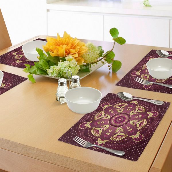 Abakuhaus Tovagliette Mandala Viola, Motivo Floreale Arabesco Etnico Retrò Artistico Iraniano Mediorientale, Tiscjdeco In Tessuto Resistente Al Lavaggio Per La Sala Da Pranzo E La Cucina, Rosa Secca Gialla-image