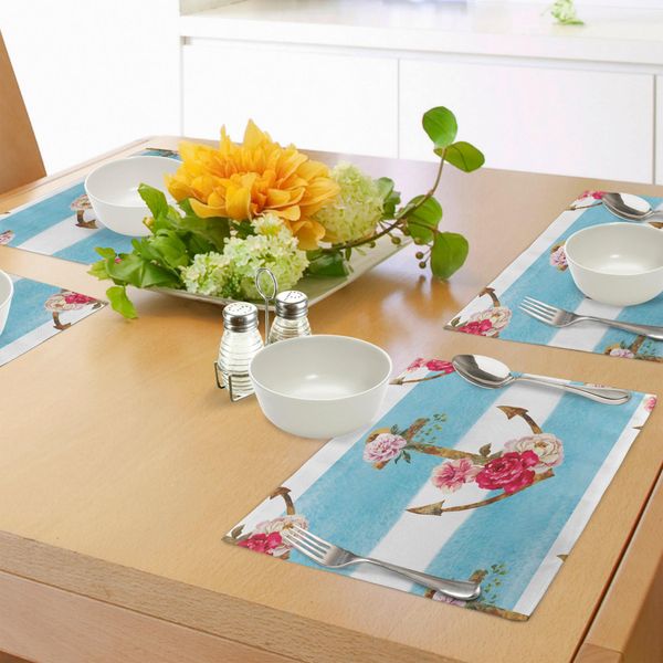 Abakuhaus Tovagliette Shabby Chic, Ancora Con Romantiche Peonie E Rose Acquerellate, Audaci Strisce Nautiche, Tiscjdeco In Tessuto Resistente Ai Colori Per La Sala Da Pranzo E La Cucina, Multicolore-image