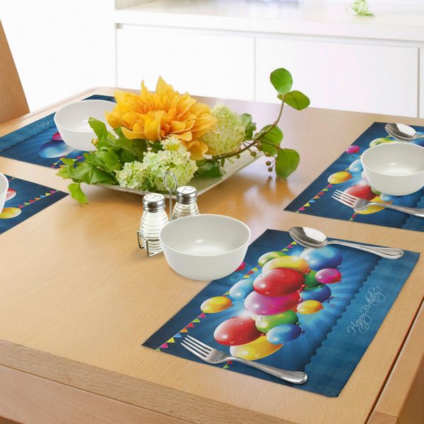Tovagliette Abakuhaus Per Compleanni, Palloncini Colorati Realistici E Bandierine Per Feste Su Sfondo Blu, Tiscjdeco In Tessuto Resistente Ai Colori Per La Sala Da Pranzo E La Cucina, Multicolore-image