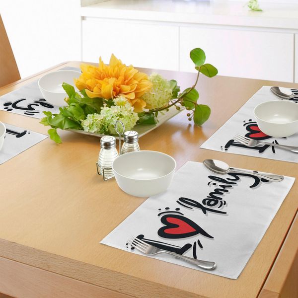Tovagliette Abakuhaus Family, I Famiglia A Forma Di Cuore Stilizzata Con Pittogramma Grafico E Puntini Portafortuna, Tiscjdeco In Tessuto Resistente Al Lavaggio Per Sala Da Pranzo E Cucina, Bianco, Nero, Rosso-image