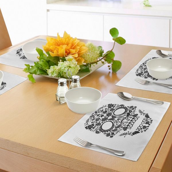 Tovagliette Abakuhaus Con Teschi Di Zucchero, Tradizione Religiosa, Festa Latina, Giorno Speciale, Grafica Monocromatica, Decorazioni Per La Tavola In Tessuto Resistente Al Lavaggio Per La Sala Da Pranzo E La Cucina, Bianco E Nero-image