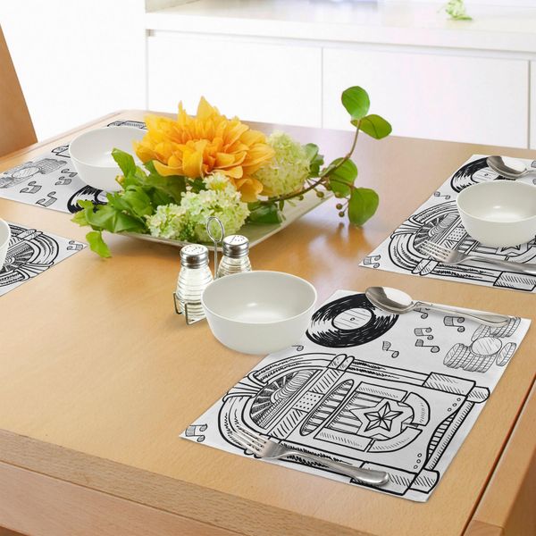 Tovagliette Abakuhaus Con Carillon, Stile Scarabocchiato Retrò, Carillon Con Monete, Grafica Vintage, Decorazione Da Tavolo In Tessuto Resistente Al Lavaggio Per Sala Da Pranzo E Cucina, Bianco E Nero-image