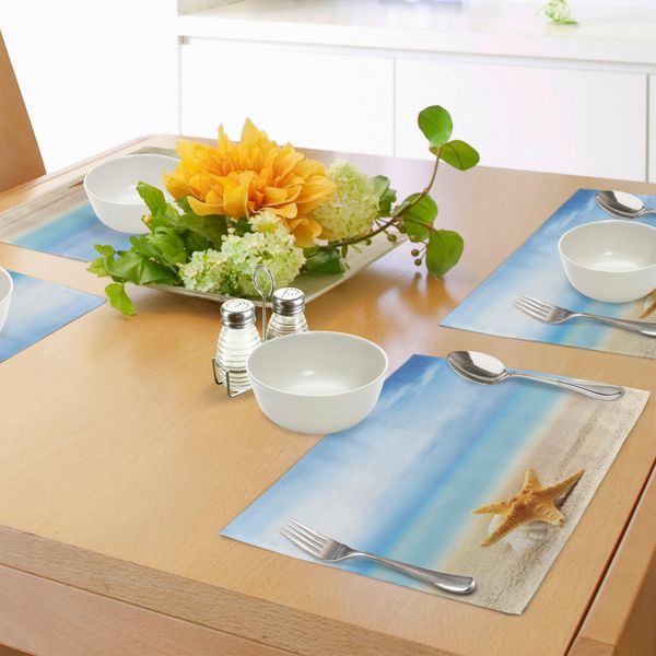 Tovagliette Abakuhaus Con Motivo A Stella Marina, Conchiglia E Stella Marina Sandy Beach Design Idilliaco Con Sfondo Oceanico, Decorazione Da Tavola In Tessuto Resistente Ai Colori Per La Sala Da Pranzo E La Cucina, Multicolore-image