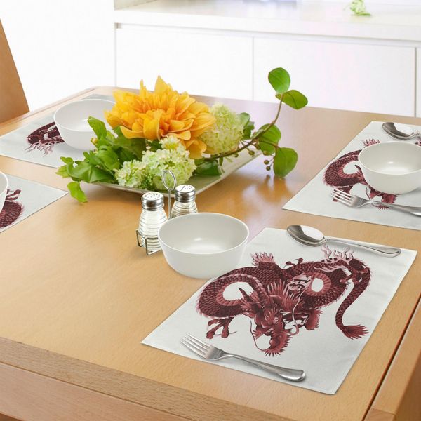 Tovagliette Abakuhaus Con Motivo Drago, Numero Giapponese Drago Tatsu Simbolo Divino Popolo Sacro Mostro Nobile Tema, Tiscjdeco In Tessuto Resistente Al Lavaggio Per Sala Da Pranzo E Cucina, Rosa Chiaro Bordeaux-image