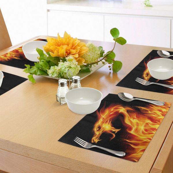 Tovagliette Abakuhaus Con Draghi, Creatura Infuocata Astratta Su Sfondo Nero Legendary Fantastic Asian Illustration, Tiscjdeco In Tessuto Resistente Ai Colori Per La Sala Da Pranzo E La Cucina, Arancione E Nero-image