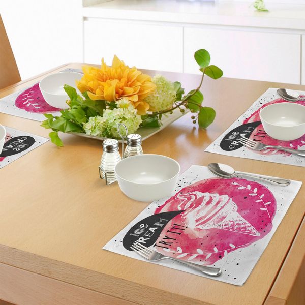 Tovagliette Abakuhaus Eis, Immagine Appetitosa Con Citazione "Provalo"", Pennello, Acquerello, Grafica, Illustrazione, Decorazione Da Tavolo In Tessuto Resistente Al Colore Per Sala Da Pranzo E Cucina, Bianco, Nero, Rosa"-image