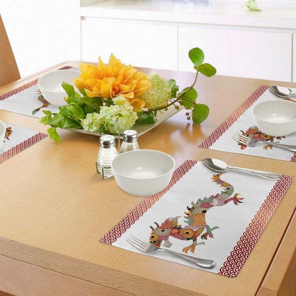 Tovagliette Abakuhaus Con Motivo Drago, Silhouette Floreale Ornamentale Con Drago E Classico Motivo Popolare Giapponese Ondulato, Decorazione Da Tavola In Tessuto Resistente Al Lavaggio Per Sala Da Pranzo E Cucina, Multicolore-image