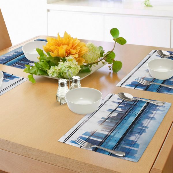 Tovagliette Da Ufficio Abakuhaus, Veduta Urbana Con Fotografia Di Grattacieli, Tiscjdeco In Tessuto Resistente Al Lavaggio Per Sala Da Pranzo E Cucina, Azzurro, Bianco E Nero-image