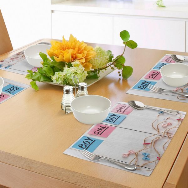 Abakuhaus Tovagliette Che Rivelano Il Sesso, Ghirlande Di Adesivi Colorati E Nastri Decorativi Su Sfondo Marino In Legno, Decorazioni Per La Tavola In Tessuto Resistente Ai Colori Per La Sala Da Pranzo E La Cucina, Multicolore-image