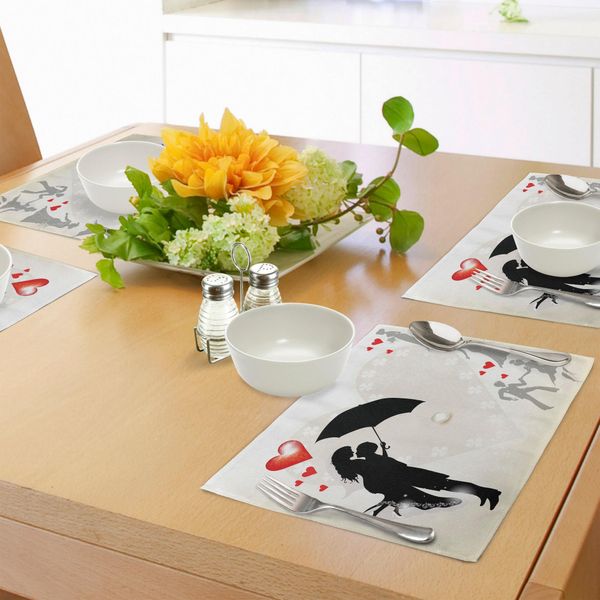 Tovagliette Abakuhaus Per Matrimoni, Coppie Sotto L'ombrello Dell'amore, Cuori Rossi, Margherite, Romanticismo Nell'aria, Decorazioni Per La Tavola In Tessuto Resistente Al Lavaggio Per La Sala Da Pranzo E La Cucina, Bianco, Nero, Rosso-image