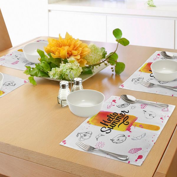Tovagliette Abakuhaus Eis, Citazione Motivazionale "Ciao Estate"" Con Immagine Di Limone, Cuore, Sole E Torta Colorata, Decorazione Da Tavolo In Tessuto Resistente Al Lavaggio Per Sala Da Pranzo E Cucina, Multicolore"-image