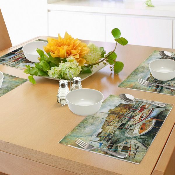 Tovagliette Abakuhaus Marine, Napoli - Piccole Imbarcazioni Sulla Storica Costa Italiana Con Grafica Del Castello Storico Sul Lago, Tiscjdeco In Tessuto Resistente Al Colore Per La Sala Da Pranzo E La Cucina, Multicolore-image