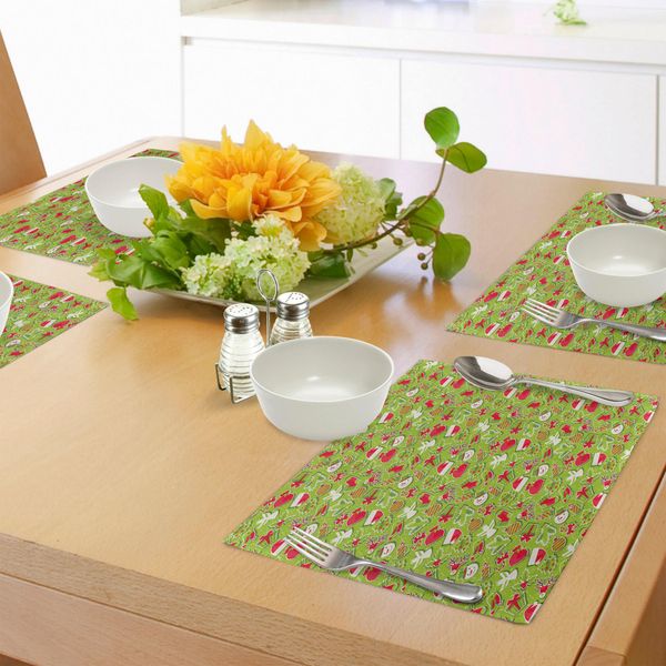 Abakuhaus Tovagliette Natalizie, Buon Natale Ornamenti In Stile Cartone Animato Pupazzo Di Neve Alberi Uccelli, Decorazioni Da Tavola In Tessuto Resistente Ai Colori Per La Sala Da Pranzo E La Cucina, Verde Mela Bianco E Rosso-image