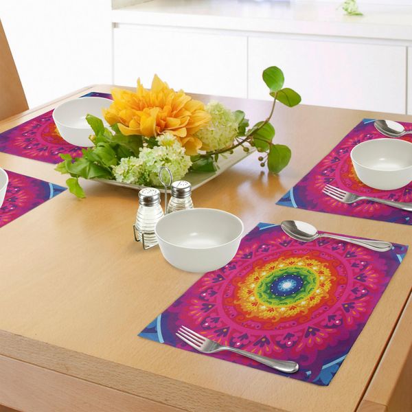 Abakuhaus Tovagliette Mandala Viola, Cerchio Hippie Arcobaleno Spirale All'interno Del Numero Etnico Asiatico Grafica Hipster, Tiscjdeco In Tessuto Resistente Al Lavaggio Per La Sala Da Pranzo E La Cucina, Multicolore-image