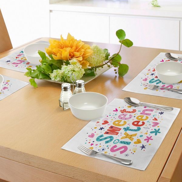 Abakuhaus 16° Compleanno Tovagliette, Disegnate A Mano, Graziose E Carine Con Motivi Floreali, Petali, Stelle E Cuori, Tiscjdeco In Tessuto Resistente Ai Colori Per La Sala Da Pranzo E La Cucina, Multicolore-image