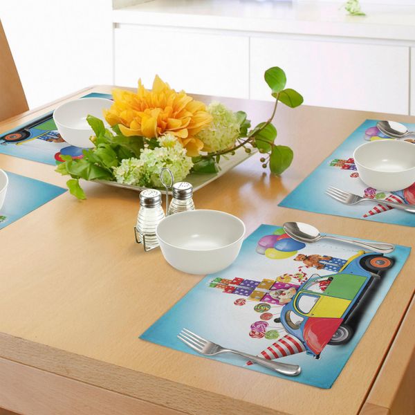 Tovagliette Abakuhaus Per Compleanni, Auto Colorata Con Regalo, Giocattoli, Lecca-Lecca, Cappellino Da Festa, Palloncini, Decorazioni Per La Tavola In Tessuto Resistente Ai Colori Per La Sala Da Pranzo E La Cucina, Multicolore-image