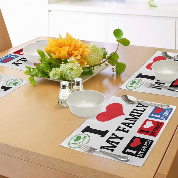 Abakuhaus Tovagliette, Simboli Ed Etichette Per La Famiglia Amo La Mia Famiglia Emblemi Timbri Composizione Classica Retrò Colorata, Tiscjdeco In Tessuto Resistente Al Lavaggio Per La Sala Da Pranzo E La Cucina, Multicolore-image