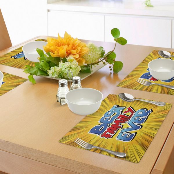 Tovagliette Abakuhaus Family, Stile Fumetto - Le Migliori Famiglie Di Sempre - Parole Su Sfondo Astratto Con Grafica Caricaturale, Tiscjdeco In Tessuto Resistente Ai Colori Per La Sala Da Pranzo E La Cucina, Giallo Blu Rosso-image