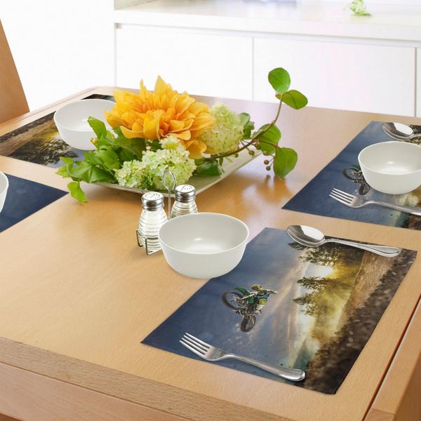 Abakuhaus Tovagliette Per Camera Dei Ragazzi, Uomo In Bicicletta Che Corre Nel Sentiero Naturale Erdweg - Immagine A Tema Sport Esotico Di Successo, Tiscjdeco In Tessuto Resistente Al Colore Per Sala Da Pranzo E Cucina, Multicolore-image