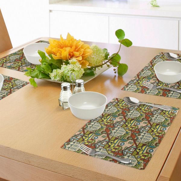 Tovagliette Abakuhaus Retro, Città Antica Disegnata A Mano Con Edifici Europei Dai Colori Vivaci, Immagine Della Piazza Della Città, Tessuto Lavabile E Resistente Allo Scolorimento Per Sala Da Pranzo E Cucina, Multicolore-image