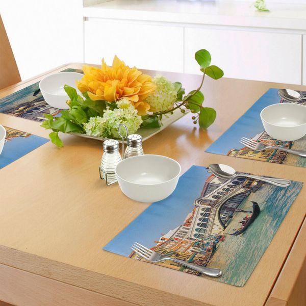 Abakuhaus Tovagliette Venezia, Panorama Urbano In Una Giornata Di Sole Con Il Ponte Di Rialto, Il Canal Grande E La Destinazione Veneziana, Tiscjdeco In Tessuto Resistente Ai Colori Per La Sala Da Pranzo E La Cucina, Multicolore-image