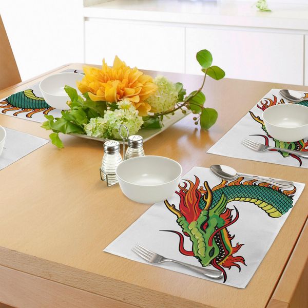 Tovagliette Abakuhaus Con Draghi, Ritratto Di Testa Di Mostro, Pericolo Tradizionale, Fantastico Animale Retrò, Cartone Animato, Tiscjdeco In Tessuto Resistente Al Colore Per La Sala Da Pranzo E La Cucina, Verde Felce, Arancione, Rosso-image