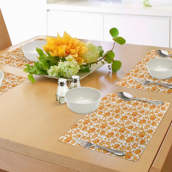 Tovagliette Da Giardino Abakuhaus, Fiori Di Ibisco In Stile Retrò - Stampa Astratta Primaverile Con Campi E Prati, Tovaglietta Decorativa In Tessuto Resistente Ai Colori Per La Sala Da Pranzo E La Cucina, Arancione E Bianco-image