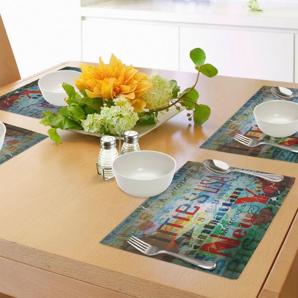 Tovagliette Abakuhaus New York, Collage Grunge Di Parole Cultura Americana-Metropoli-Design Urbano Moderno, Tovagliette In Tessuto Resistente Ai Colori Per La Sala Da Pranzo E La Cucina, Multicolore-image