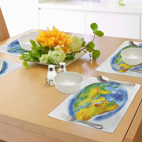 Abakuhaus Tovagliette, Globo Terrestre Dipinto Con Acquerelli Cartografia-Geografia-Continenti, Tiscjdeco In Tessuto Resistente Al Colore Per La Sala Da Pranzo E La Cucina, Azzurro Giallo Verde-image