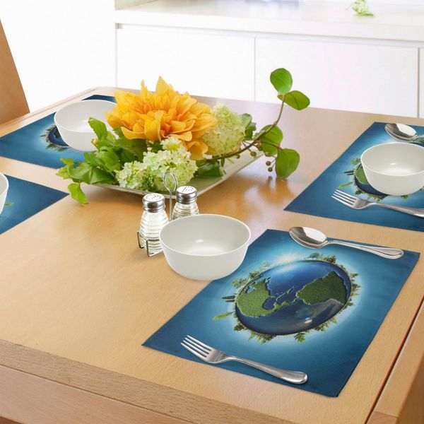 Tovagliette Abakuhaus, Planet Covered Con Mari Blu E Forest Continents Alberi Greenery Natura, Tiscjdeco In Tessuto Resistente Al Lavaggio Per La Sala Da Pranzo E La Cucina, Azzurro Verde Blu-image